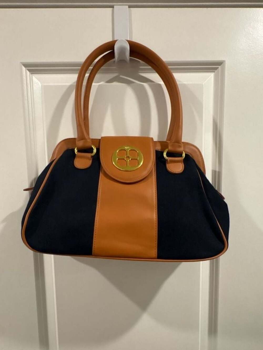 IMAN Navy Canvas and Faux Leather Dome Satchel with Gold-Tone Hardware